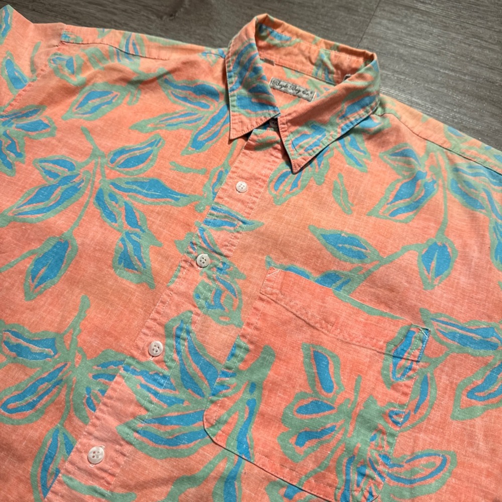 Bugle Boy Co Shirt Mens Large Orange Cotton Floral Coastal Camp Resort Aloha VTG
